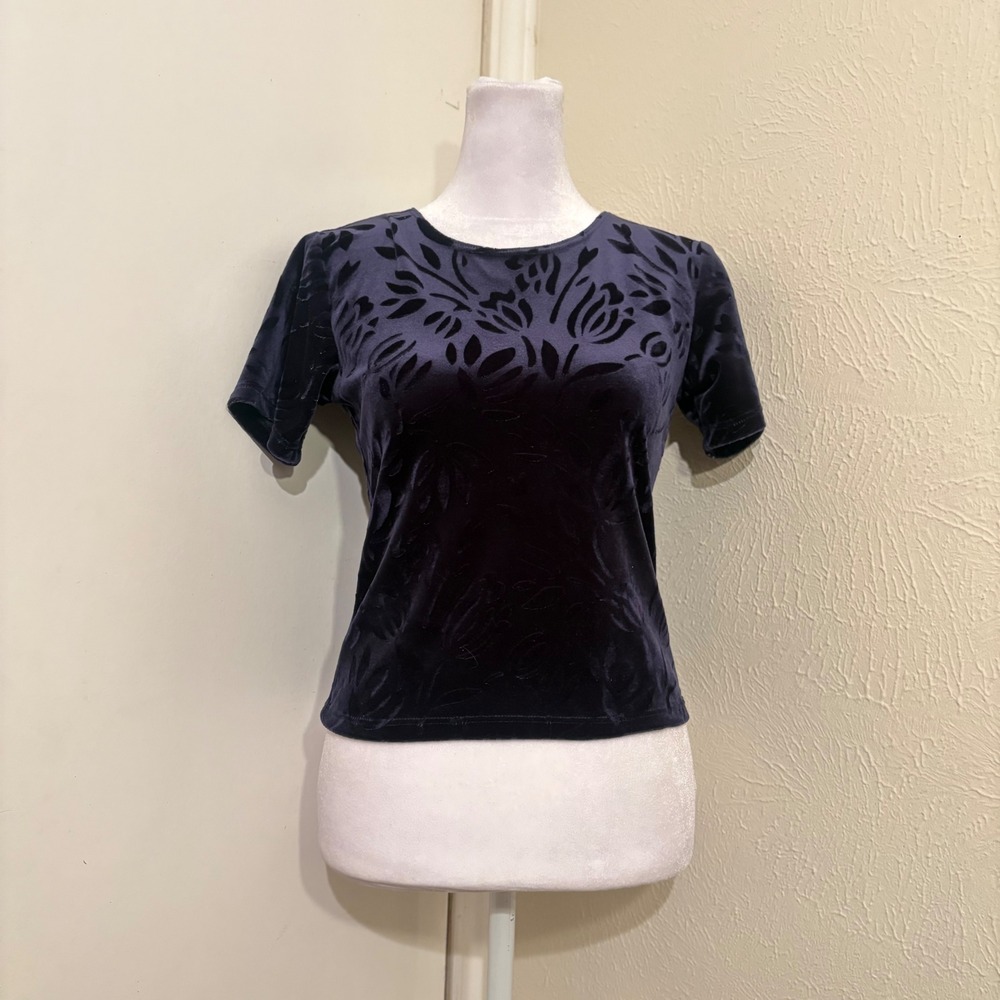 Vtg 90s Navy Blue Velvet Burnout Floral Short Sleeve Crop Top Whimsigoth Fairy S